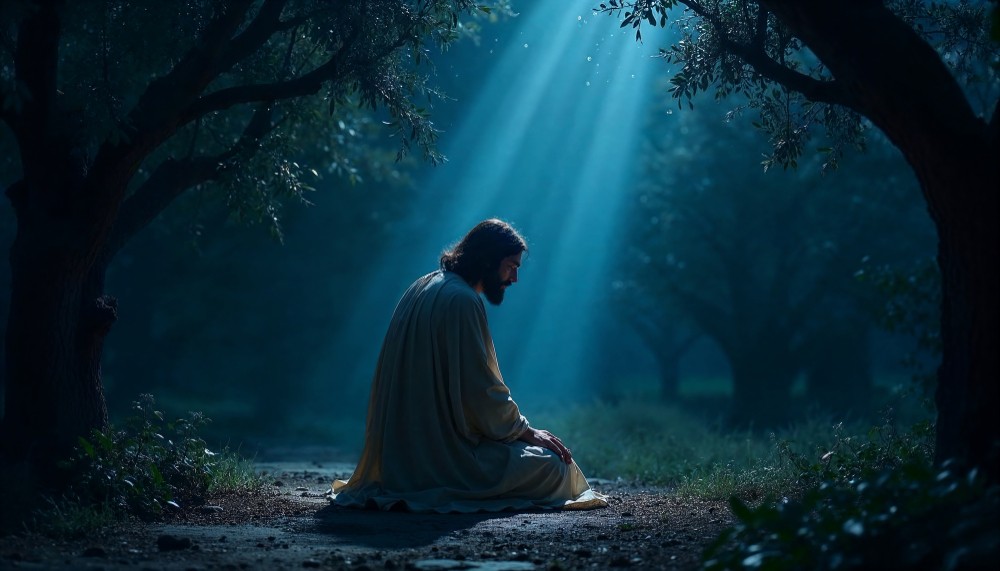 Imagem de Jesus Cristo orando em um jardim com raios de sol brilhando entre as árvores, transmitindo paz e espiritualidade.