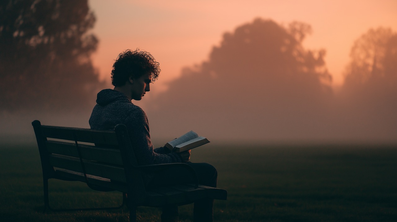 Pessoa sentada sozinha em um banco ao ar livre lendo um livro ao amanhecer, com névoa no fundo.