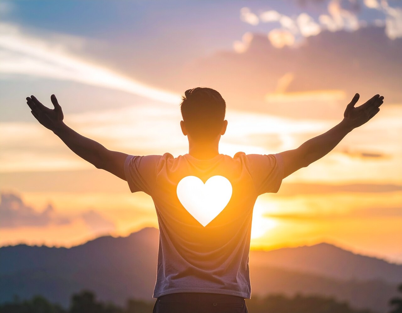 Homem de braços abertos ao pôr do sol com luz no coração simbolizando fé, paz interior e confiança em Deus