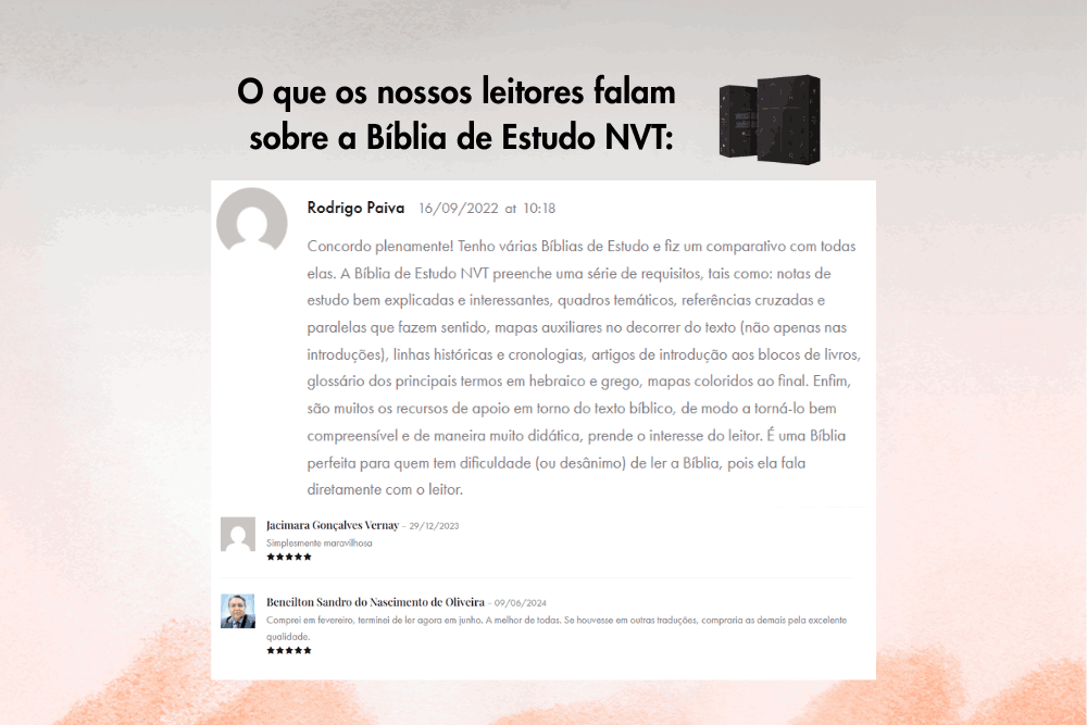 Avaliações reais de usuários sobre a bíblia de estudo NVT em um painel de comentários.