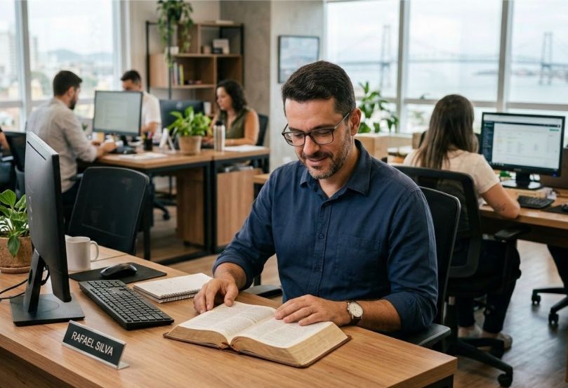 Homem com Bíblia no escritório lendo versículos sobre sucesso profissional.