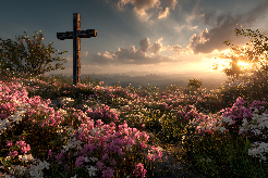 Cruz de madeira em meio a flores silvestres ao pôr do sol, representando fé, esperança e a ressurreição de Cristo.