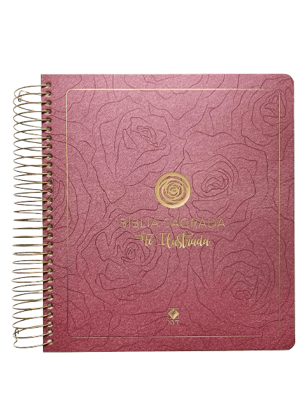 Capa rosa em espiral da bíblia NVT ilustrada com detalhes de rosas.