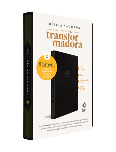 Capa da bíblia NVT Filament em edição preta com detalhes dourados.