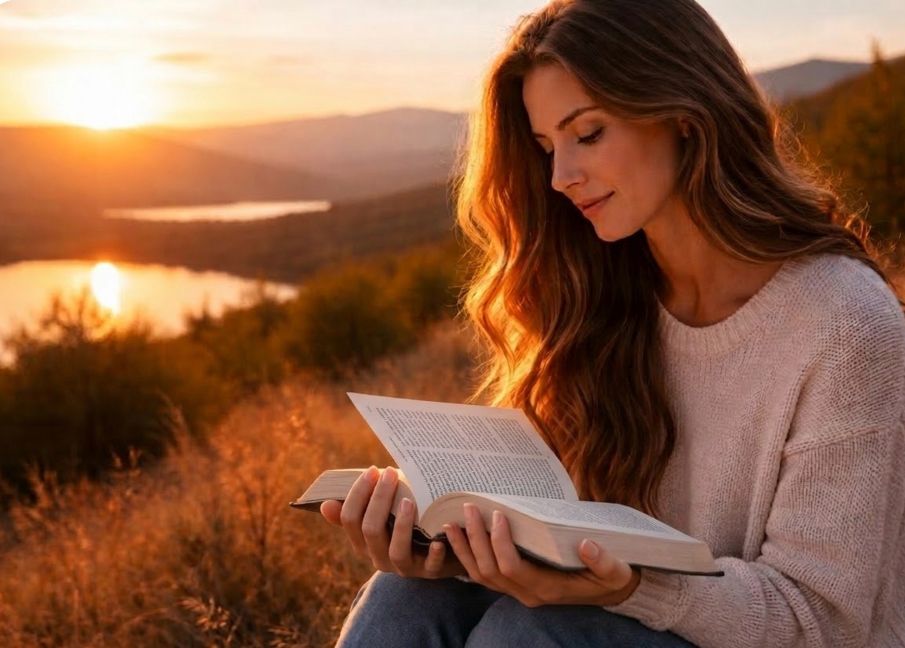 Mulher lendo a Bíblia em momento de devoção representando a paz que excede todo o entendimento na rotina espiritual cristã.