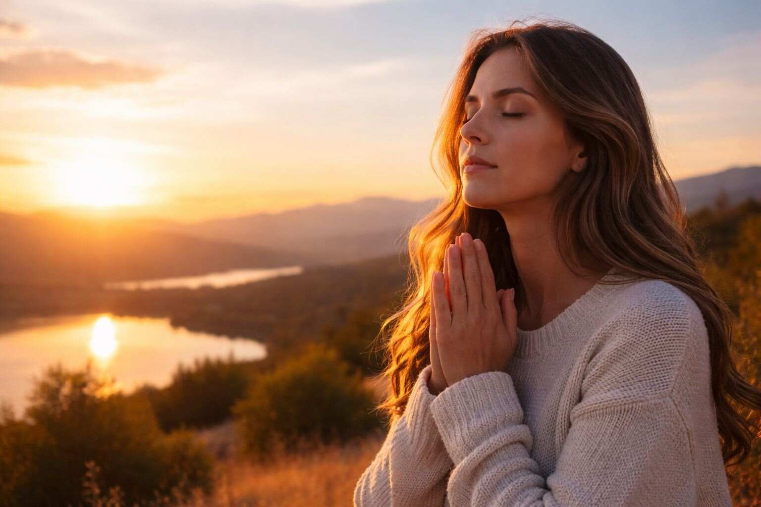 Mulher orando ao pôr do sol representando a paz que excede todo o entendimento e a confiança em Deus em momentos difíceis