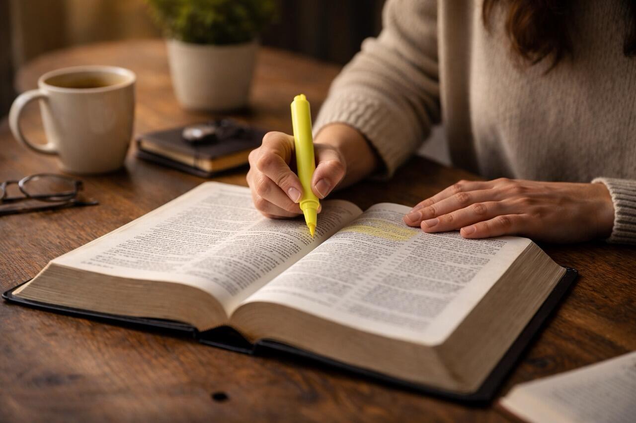 Mulher lendo a Bíblia com marca-texto amarelo, representando como ler a Bíblia em 1 ano com foco e organização.