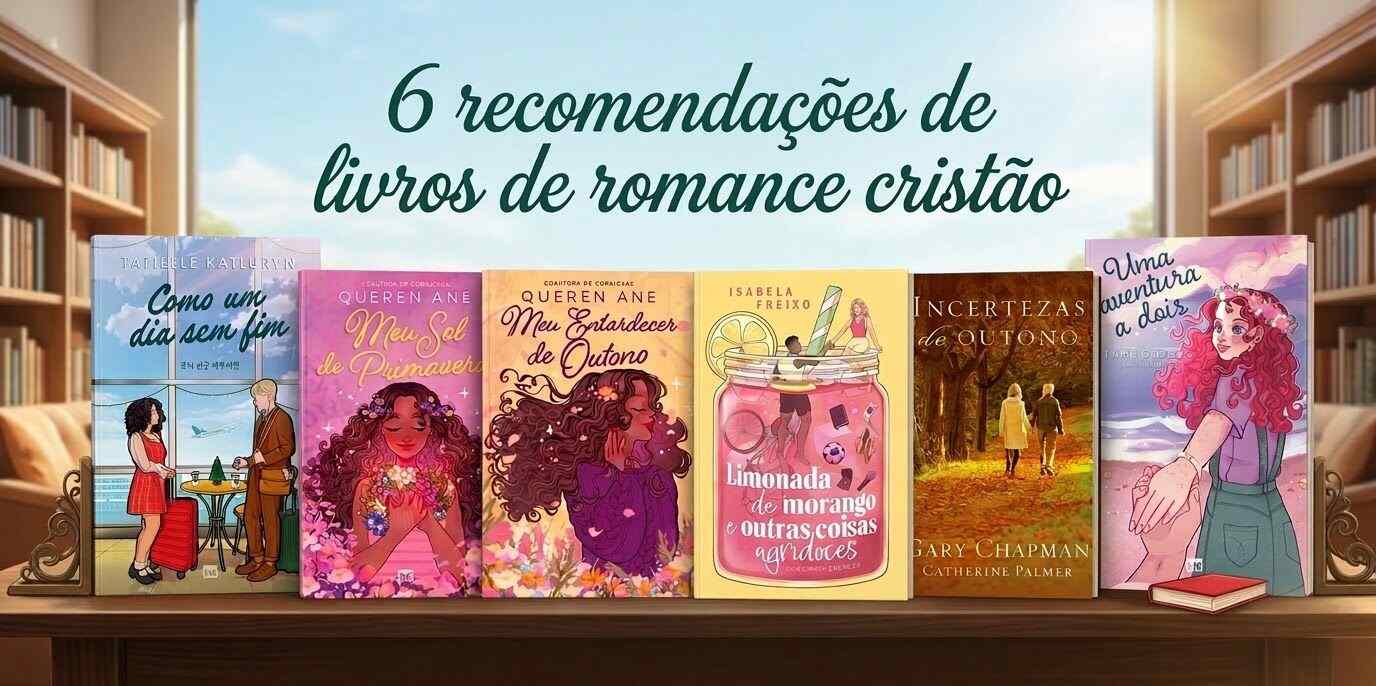 Livros de romance cristão reunidos com os títulos Como um dia sem fim, Meu sol de primavera, Meu entardecer de outono, Incertezas de outono, Limonada de morango e outras coisas agridoces e Uma aventura a dois.
