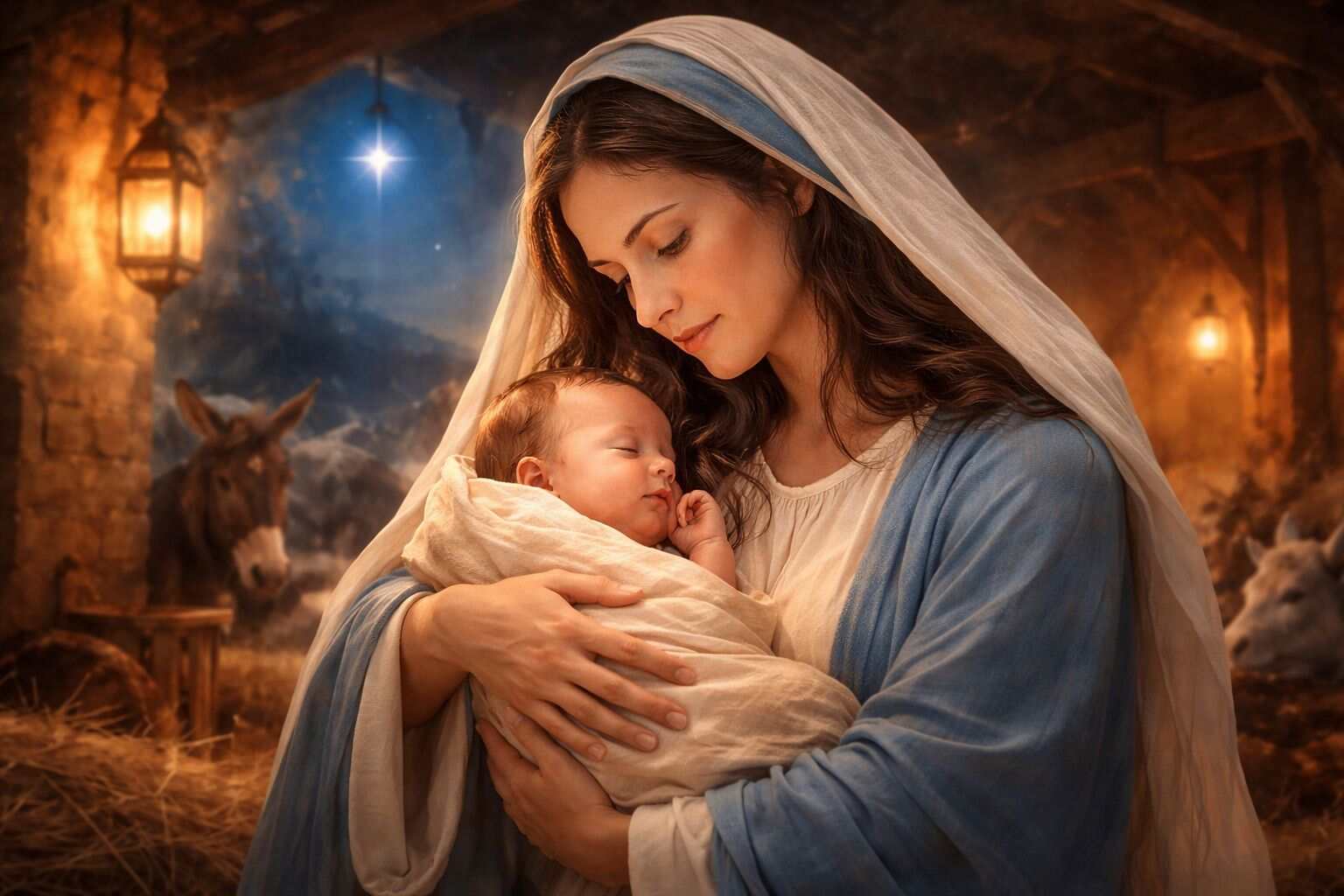 Maria, uma das mulheres da Bíblia mais importantes, segurando o menino Jesus em um estábulo iluminado.