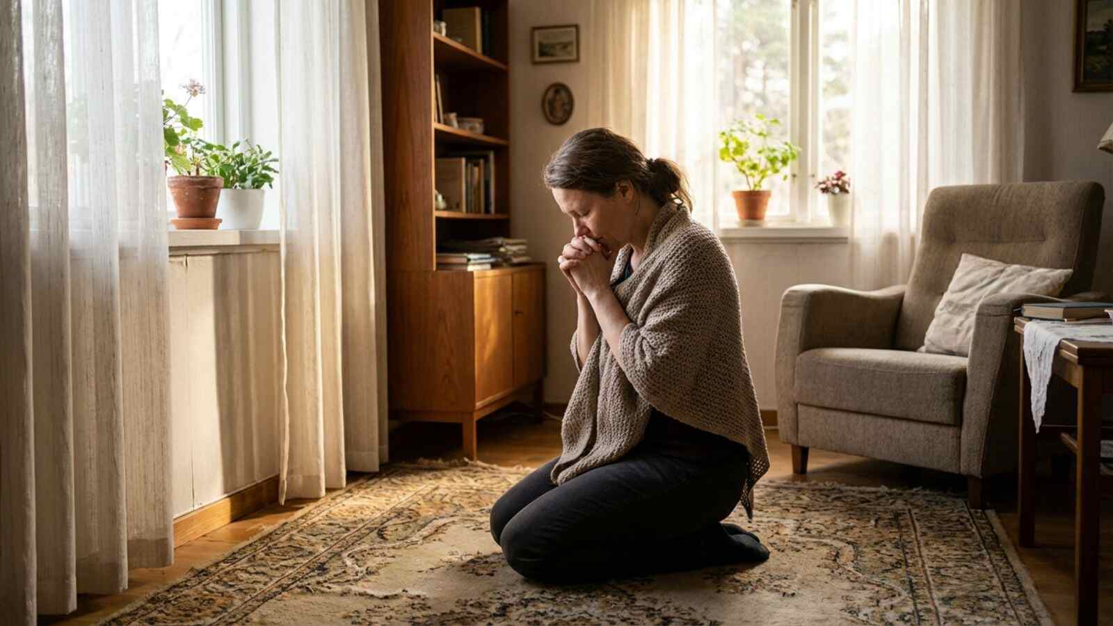 mulher em vida de oração, orando ajoelhada na sala de casa.