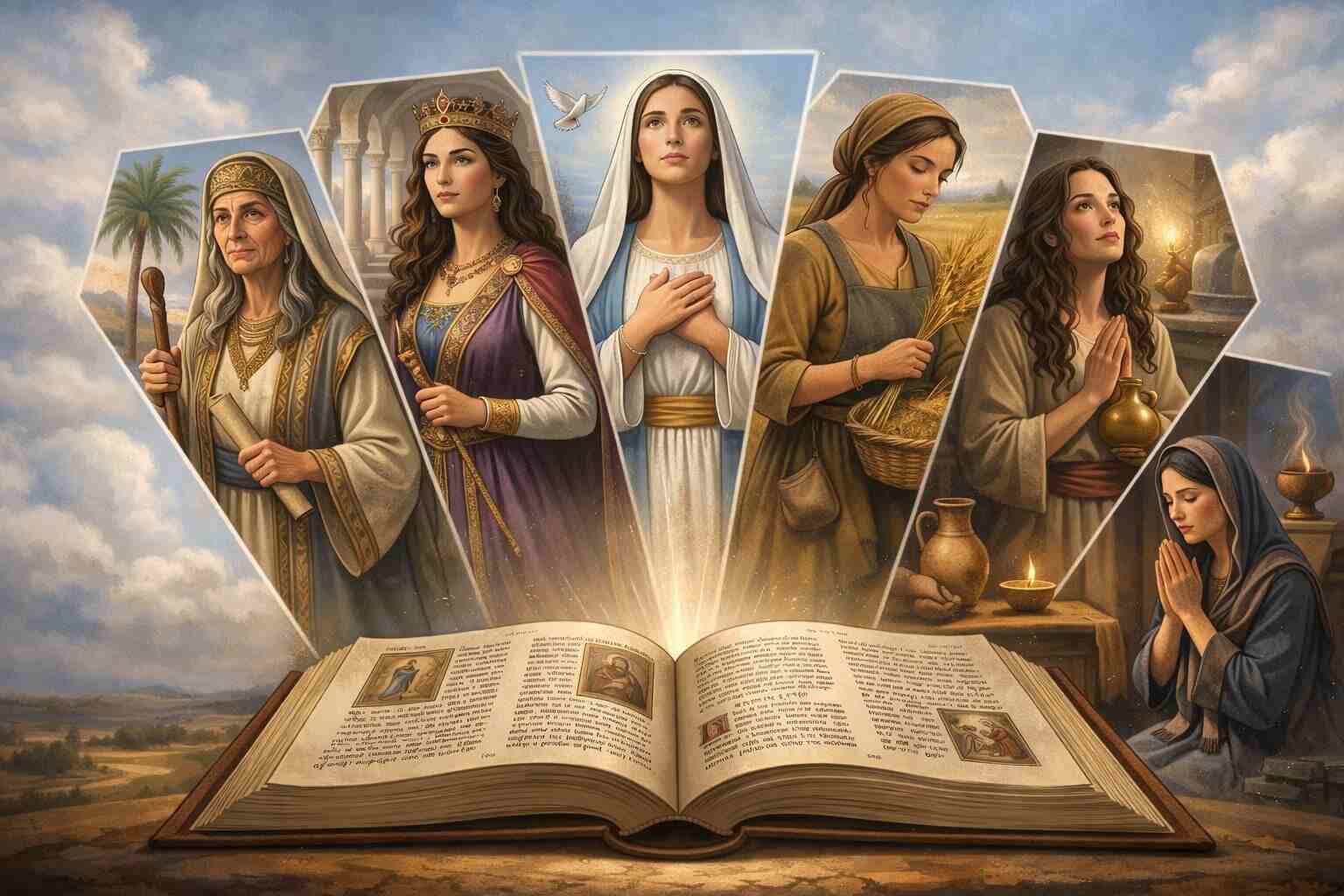 Ilustração das mulheres da Bíblia reunidas acima de uma Bíblia aberta, representando Ester, Maria, Débora, Rute, Ana e Maria Madalena.