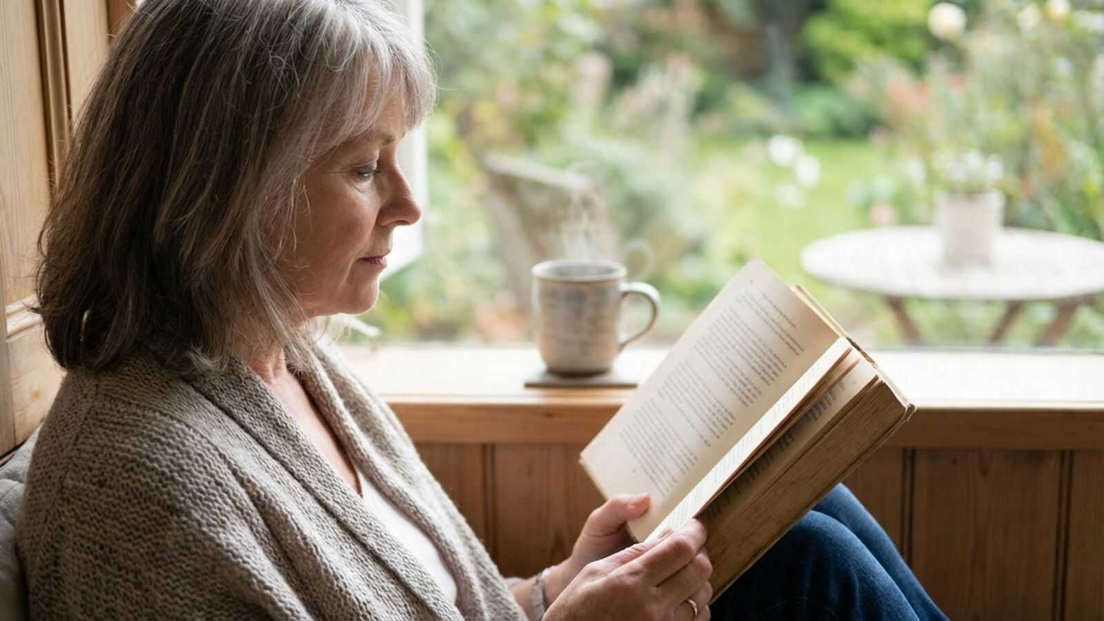 Senhora com vida de oração ativa lendo um livro de orações com uma xícara ao fundo, em um ambiente acolhedor com vista para um jardim.