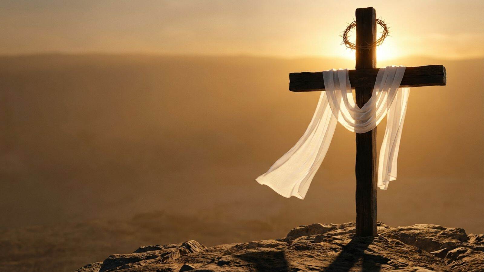 Cruz com pano branco ao amanhecer representando o significado da Páscoa na Bíblia que é a ressurreição de Cristo.
