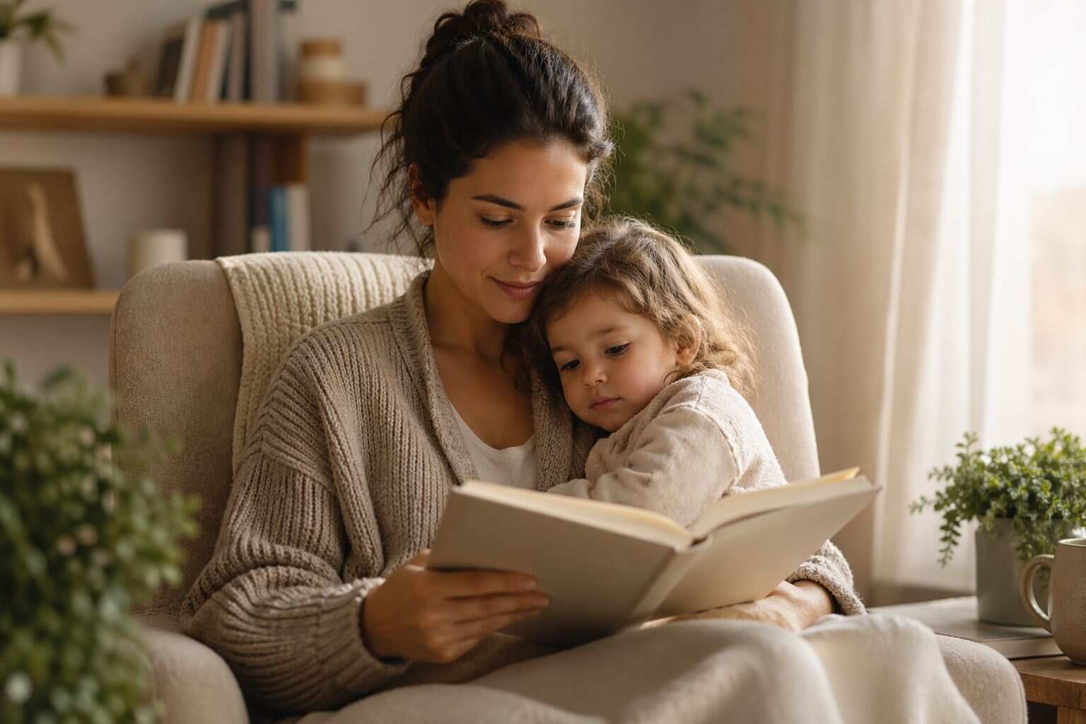 Mãe lendo com o filho no colo, representando momentos de fé e aprendizado inspirados por livros para mães cristãs.