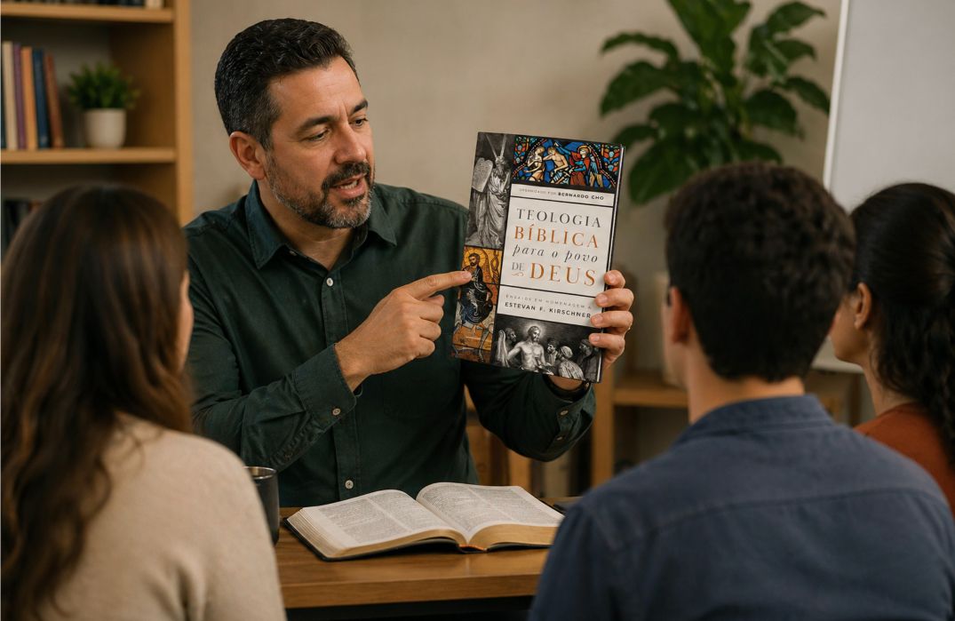 Pastor em sala de escola bíblica dominical apresenta um livro de teologia bíblica para alunos.