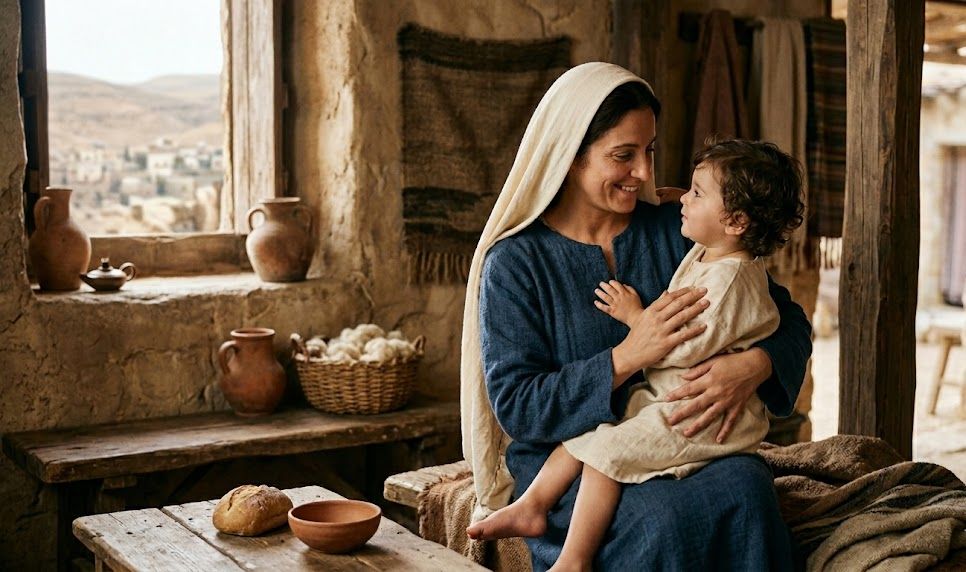 Maria segurando o menino Jesus em ambiente simples, representando o papel da mãe segundo a Bíblia