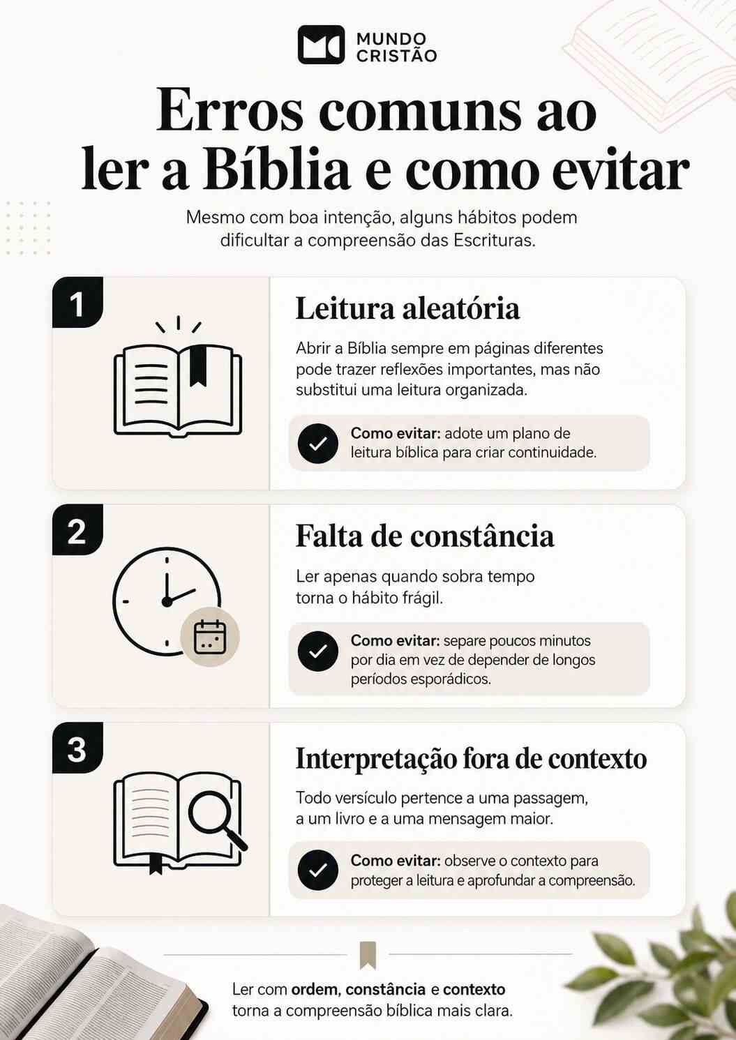 Infográfico sobre erros comuns ao ler a Bíblia e dicas práticas de como ler a Bíblia e entender melhor as Escrituras.