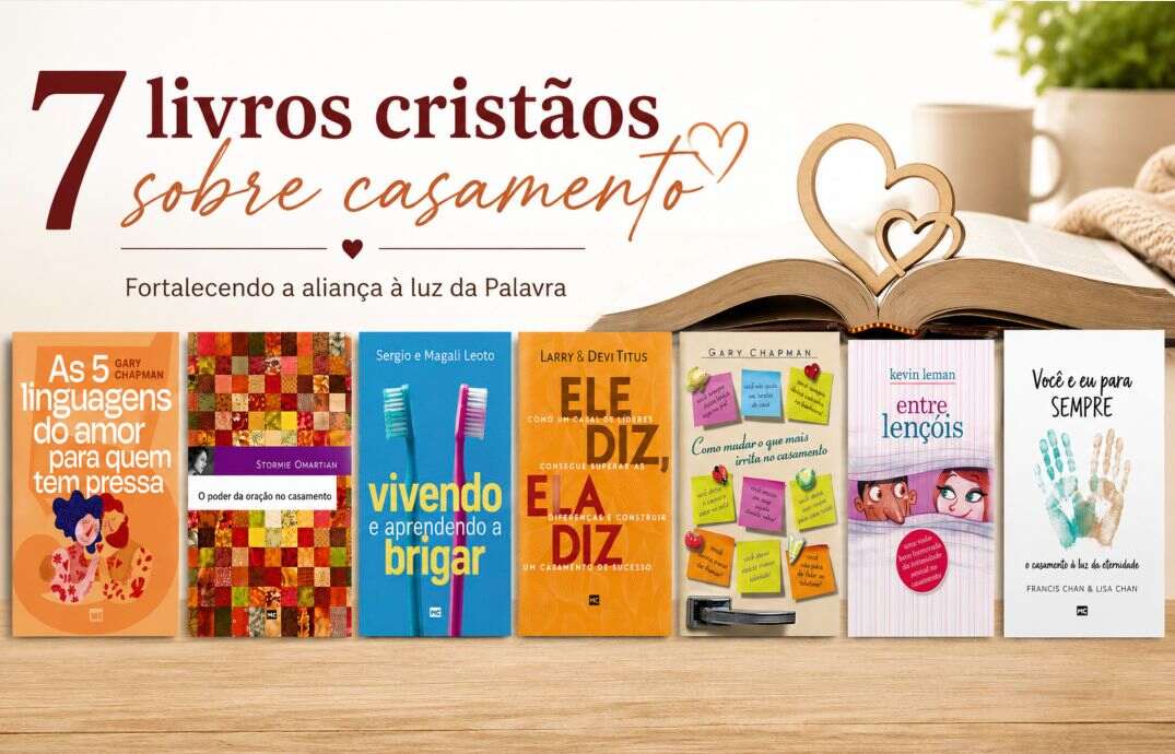 Banner sobre livros cristãos sobre casamento com capas de livros da editora mundo Cristão e Bíblia aberta ao fundo.