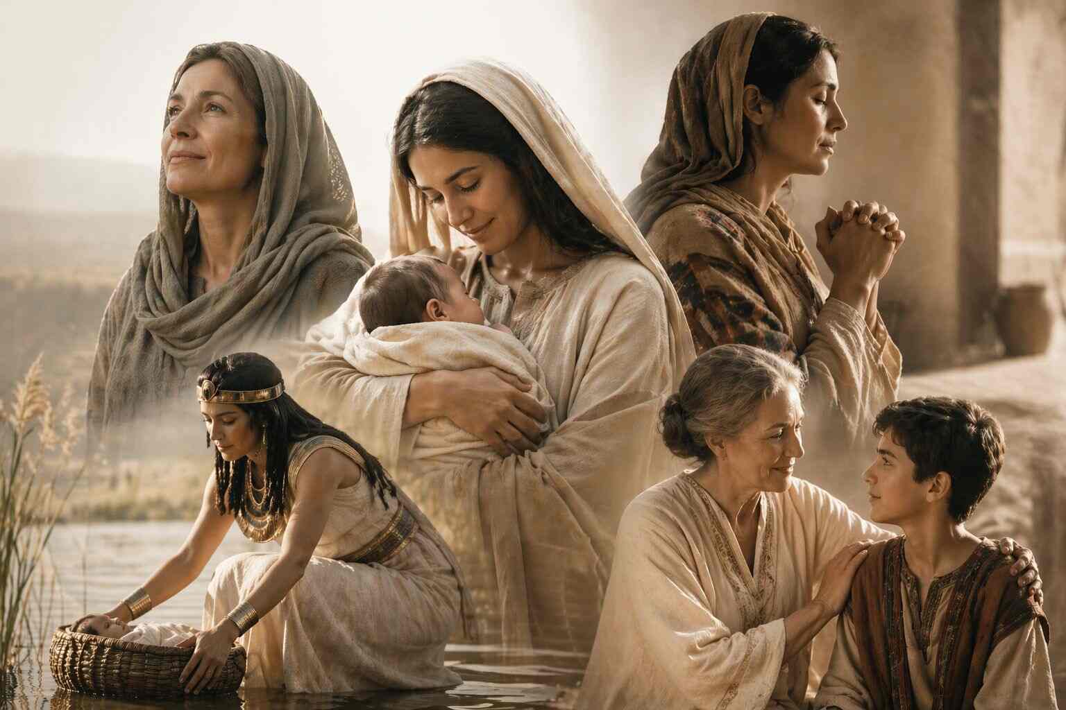 Imagem em tons quentes com composição inspirada nas mães na Bíblia, mostrando diferentes mulheres em cenário antigo.