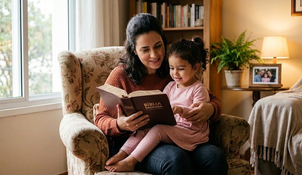 Mãe lendo a Bíblia com filha no colo, representando o papel da mãe segundo a Bíblia