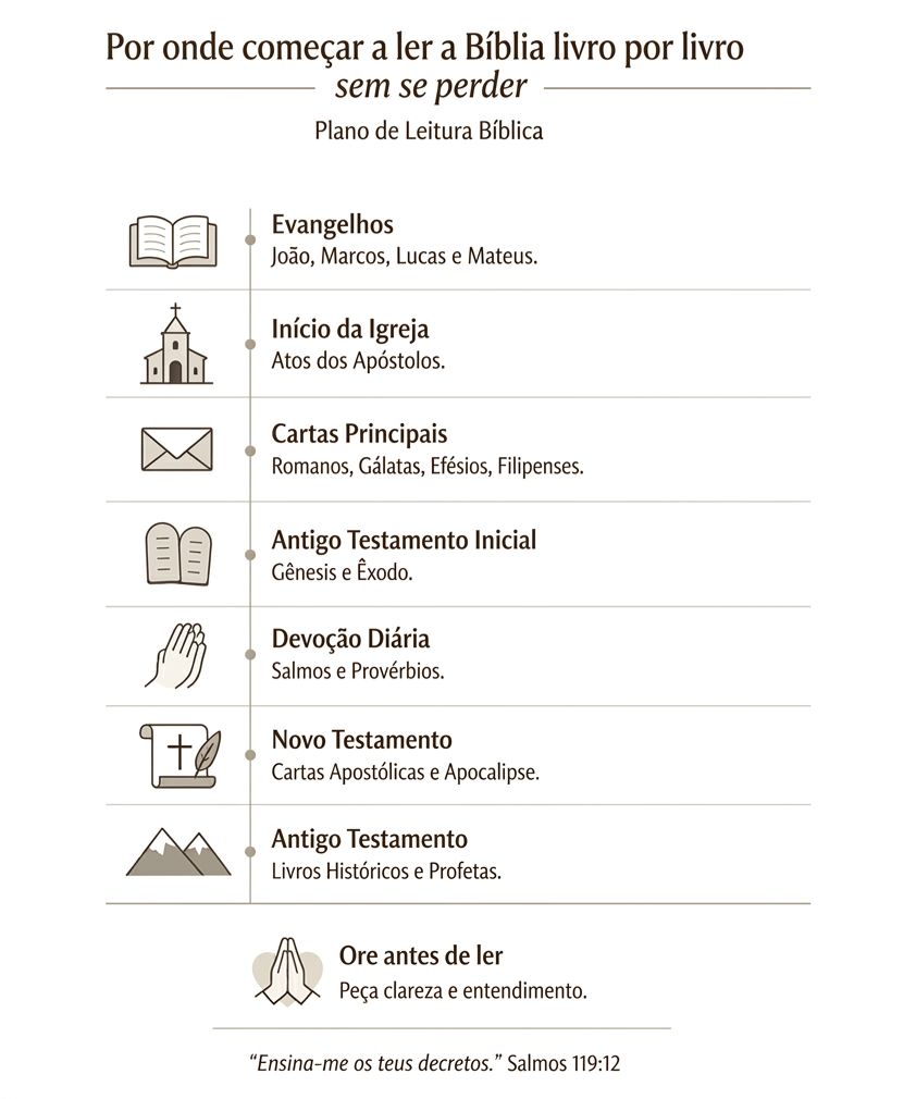 Infográfico mostrando por onde começar a ler a Bíblia livro por livro, com plano de leitura bíblica começando pelos evangelhos, Atos, cartas, Antigo e Novo Testamento.