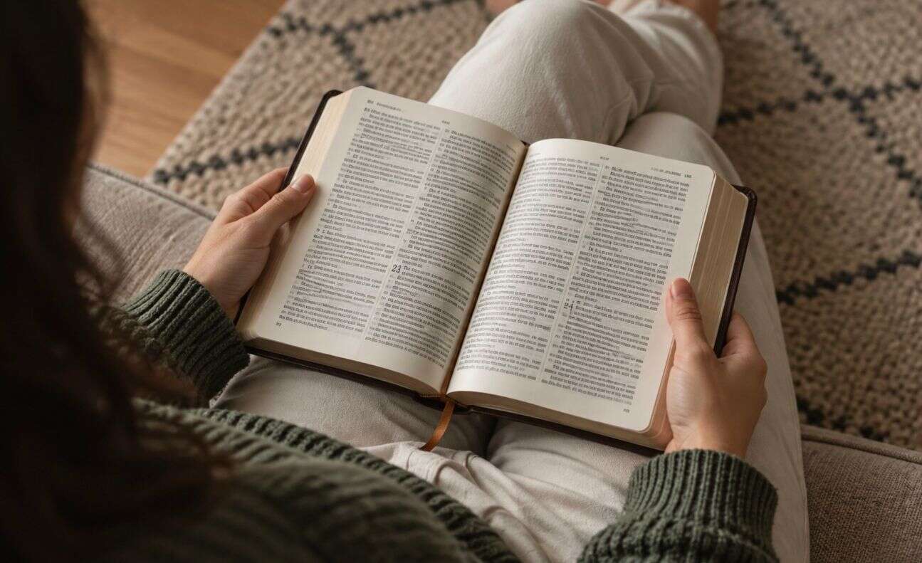 Pessoa sentada segurando a Bíblia aberta em um momento de leitura, ilustrando como ler a Bíblia em 6 meses.